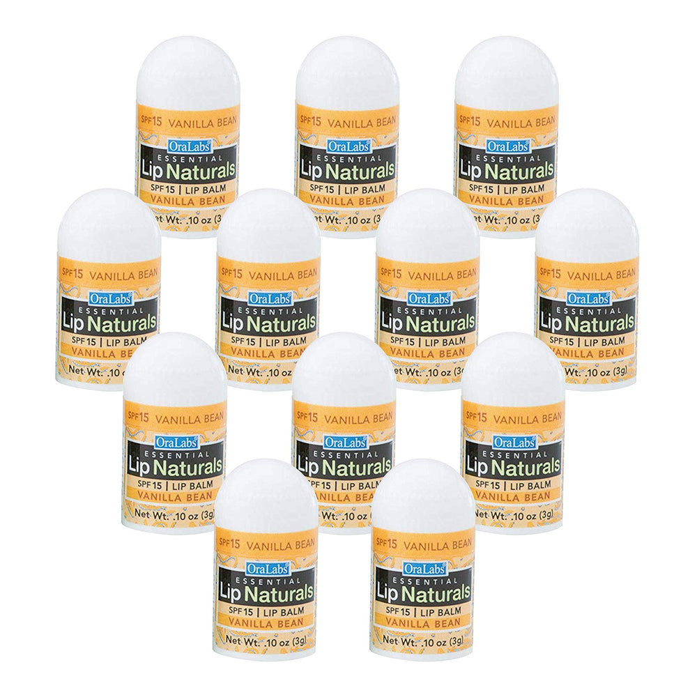 Lip Naturals mini vanilla lip balm SPF 15 on outer pack for on the go sun protection.