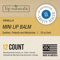 Close up of Lip Naturals vanilla bean balm tube highlighting SPF 15 protection.
