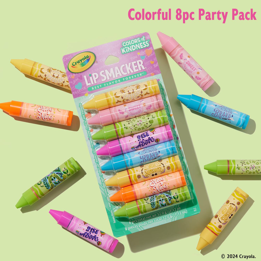 Lip Smacker Crayola balm with glossy finish highlighted in a swatch for radiant smile.
