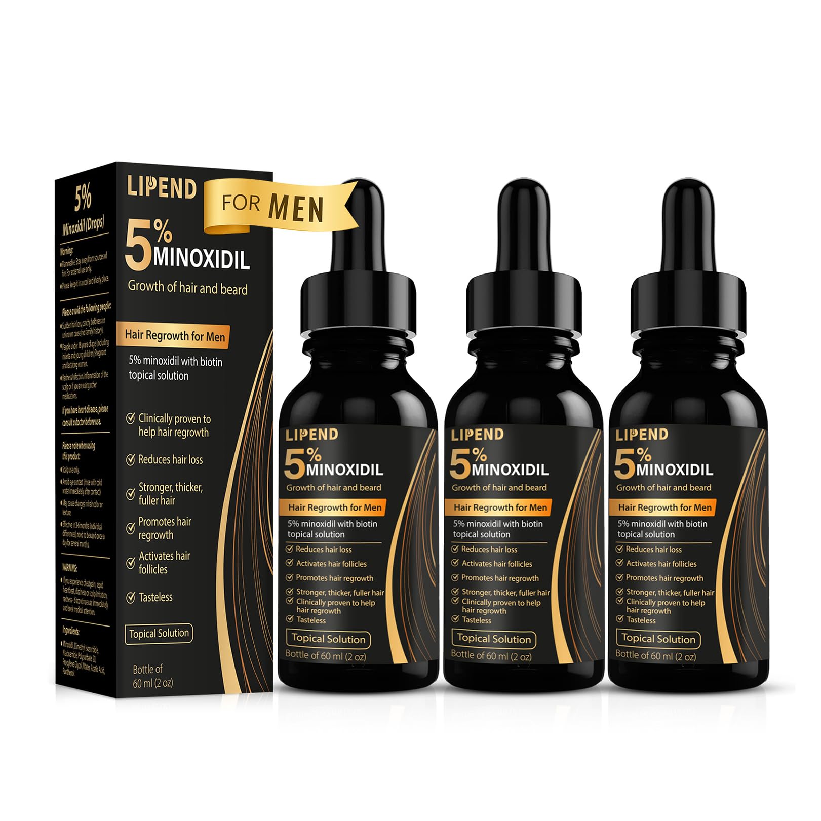 LIPEND 5% Minoxidil bottle pour highlights precise scalp application for potential growth support.