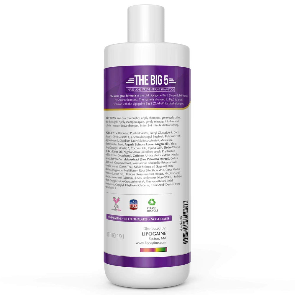 Lipogaine Big 5 Shampoo pour-over hand demonstrates rich lather for scalp care.