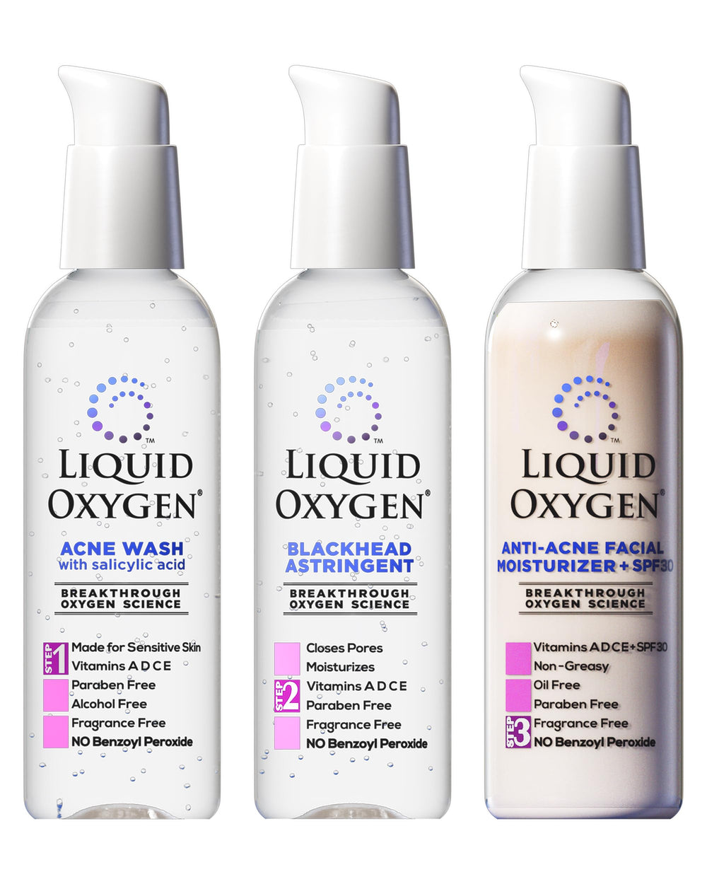 Liquid Oxygen Acne Wash bottle demonstrating oxygen-infused cleansing for clearer skin.
