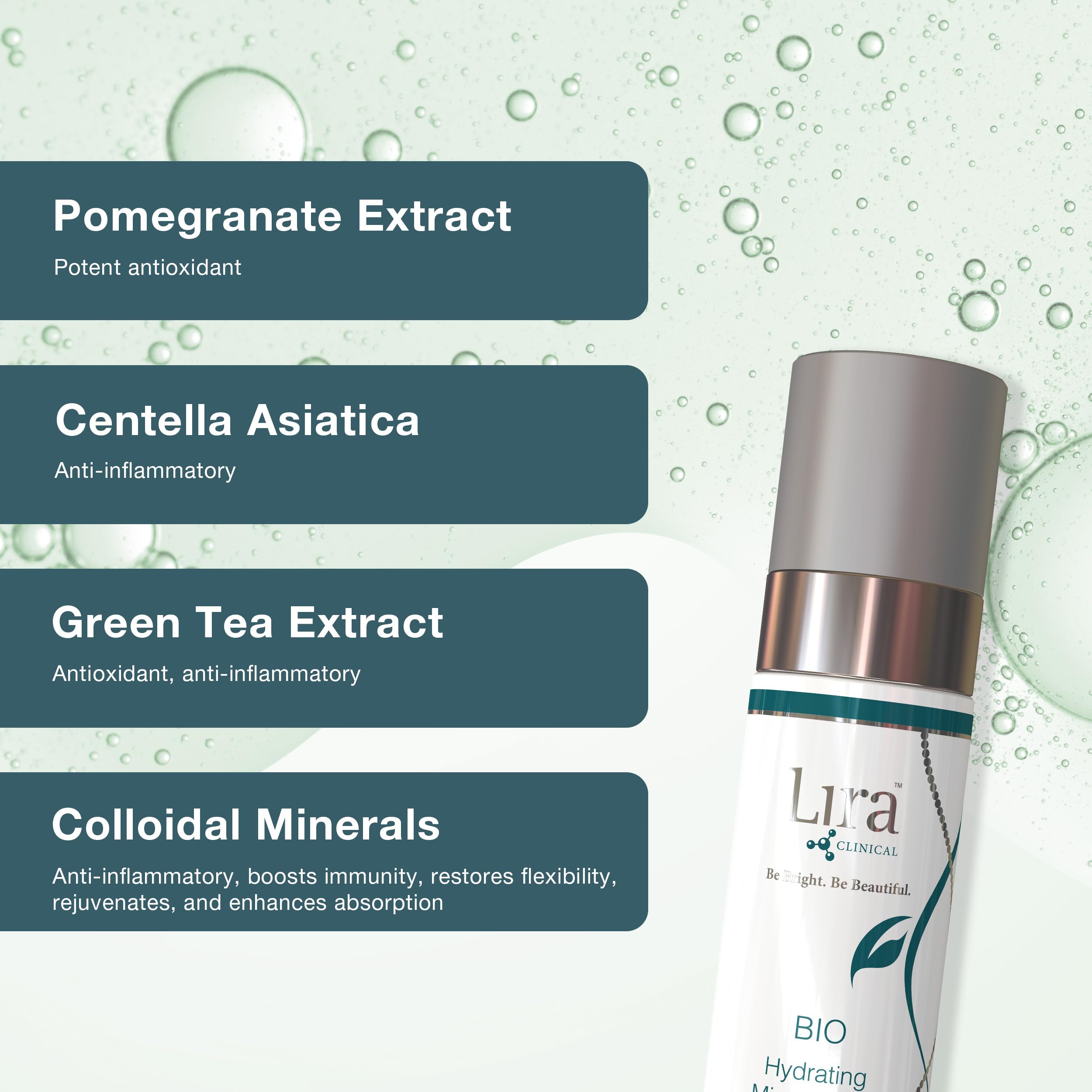 Lira Clinical BIO Hydrating Mineral Mist misting over the face for calming relief