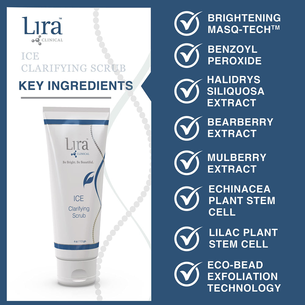 Lira Clinical ICE Clarifying Scrub packaging and ingredients like Echinacea stem cells.