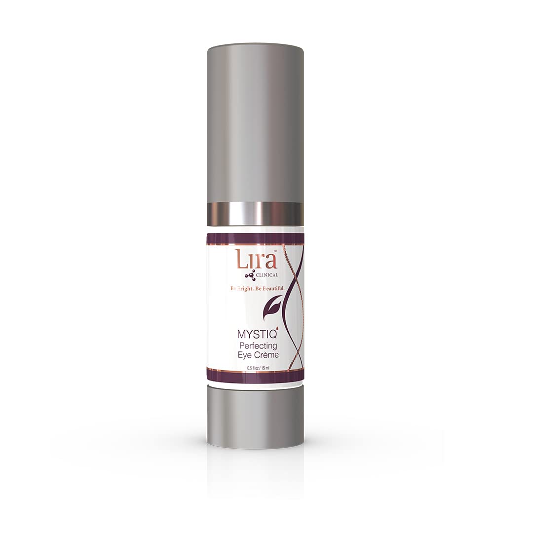 Lira Clinical MYSTIQ eye cream tube shows a silky, lifting formula for the eye area.