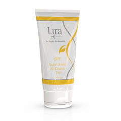 Lira Clinical Solar Shield 30 Classic Tint bottle close-up showing SPF 30 protection.