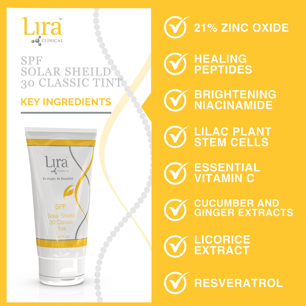 Lira Clinical Solar Shield 30 Classic Tint packaging on display.
