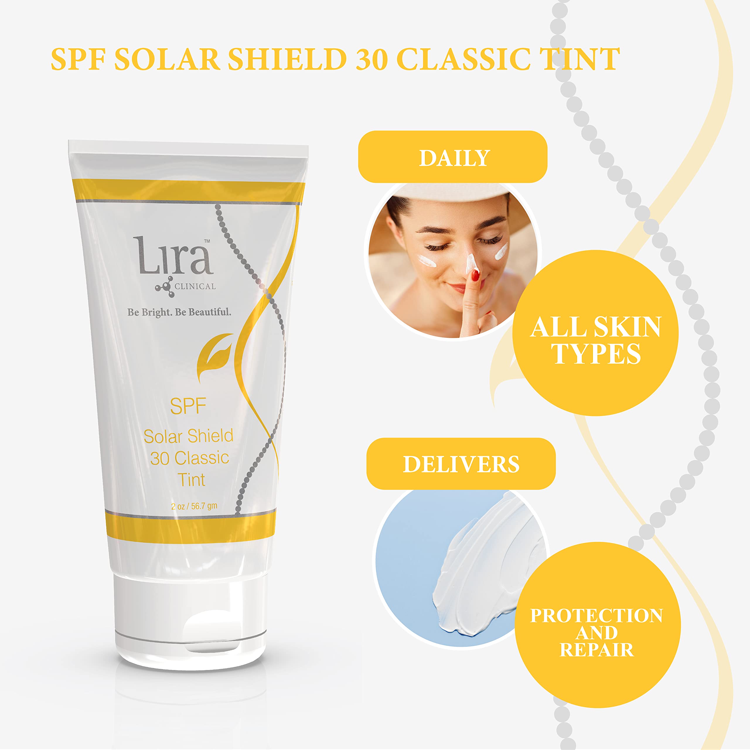 Lira Clinical Solar Shield 30 Classic Tint swirls on skin for natural glow.