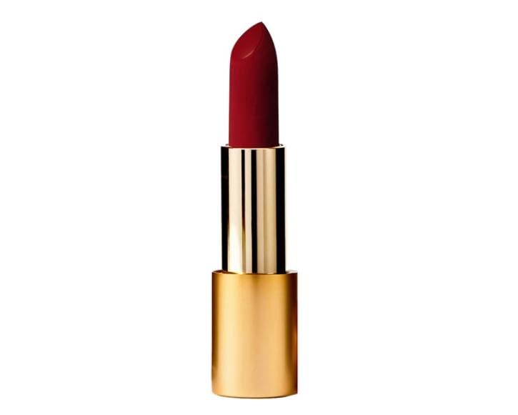 Lisa Eldridge True Velvet Jazz lipstick bullet shows muted brick red for long-wearing color.