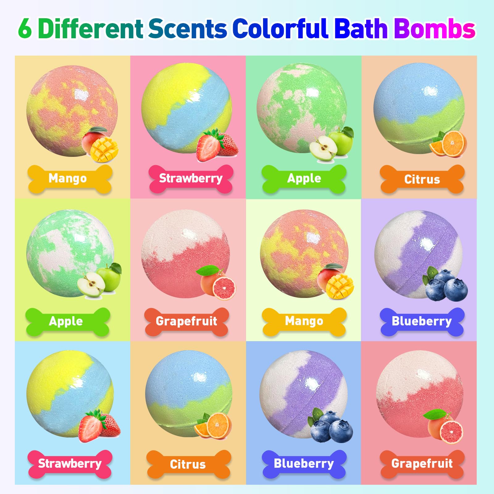 Bright colors and frothy bubbles create a playful bath atmosphere