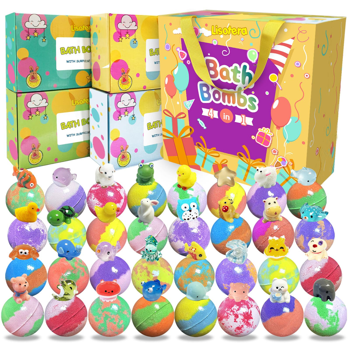 Lisotera bath bombs surprise inside package deliver colorful fizz for kids.