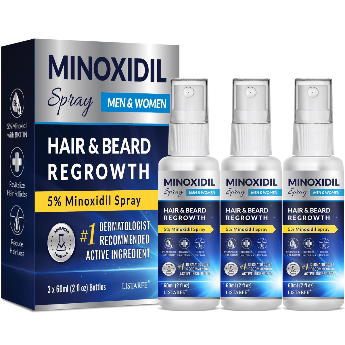 Listarfe 5% Minoxidil spray bottle on a clean surface for daily use