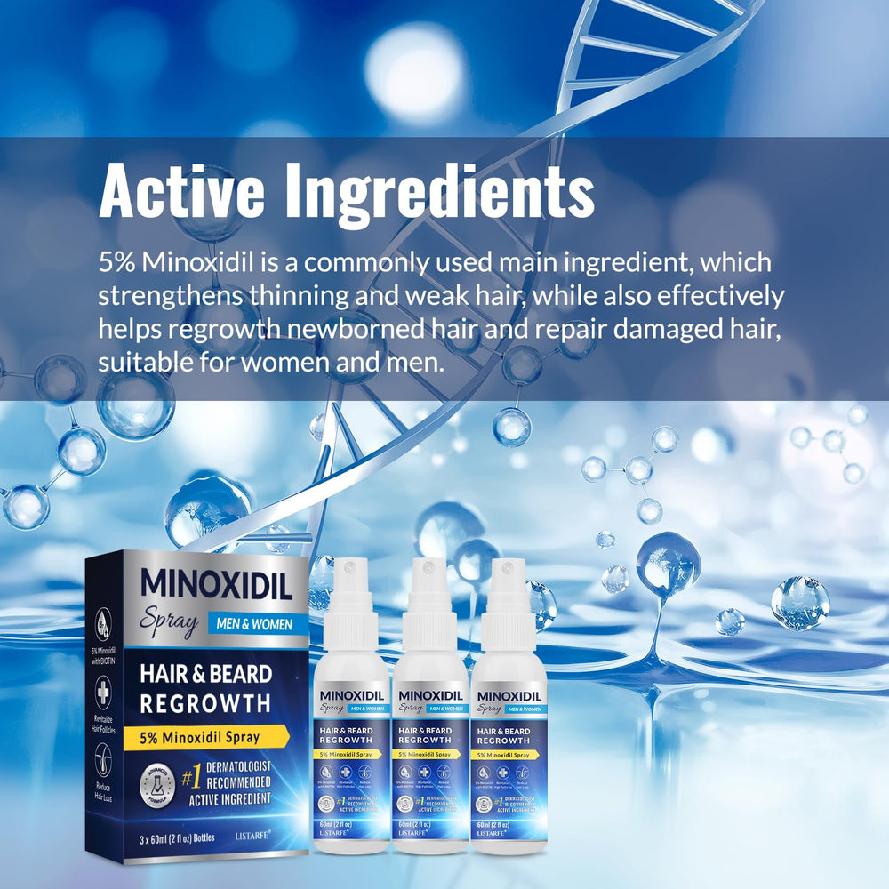 Close-up of Listarfe 5% Minoxidil spray bottle highlighting formula