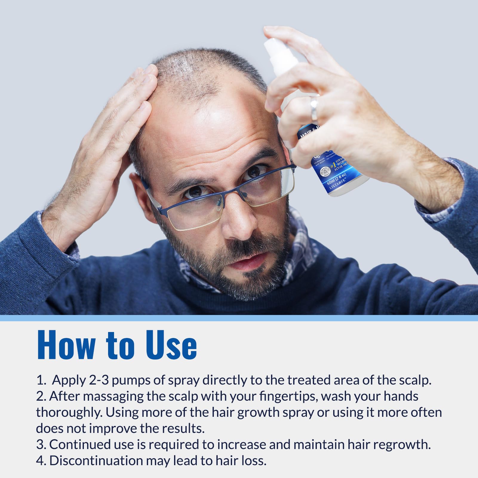 Listarfe three-bottle Minoxidil pack in packaging for multi-month use