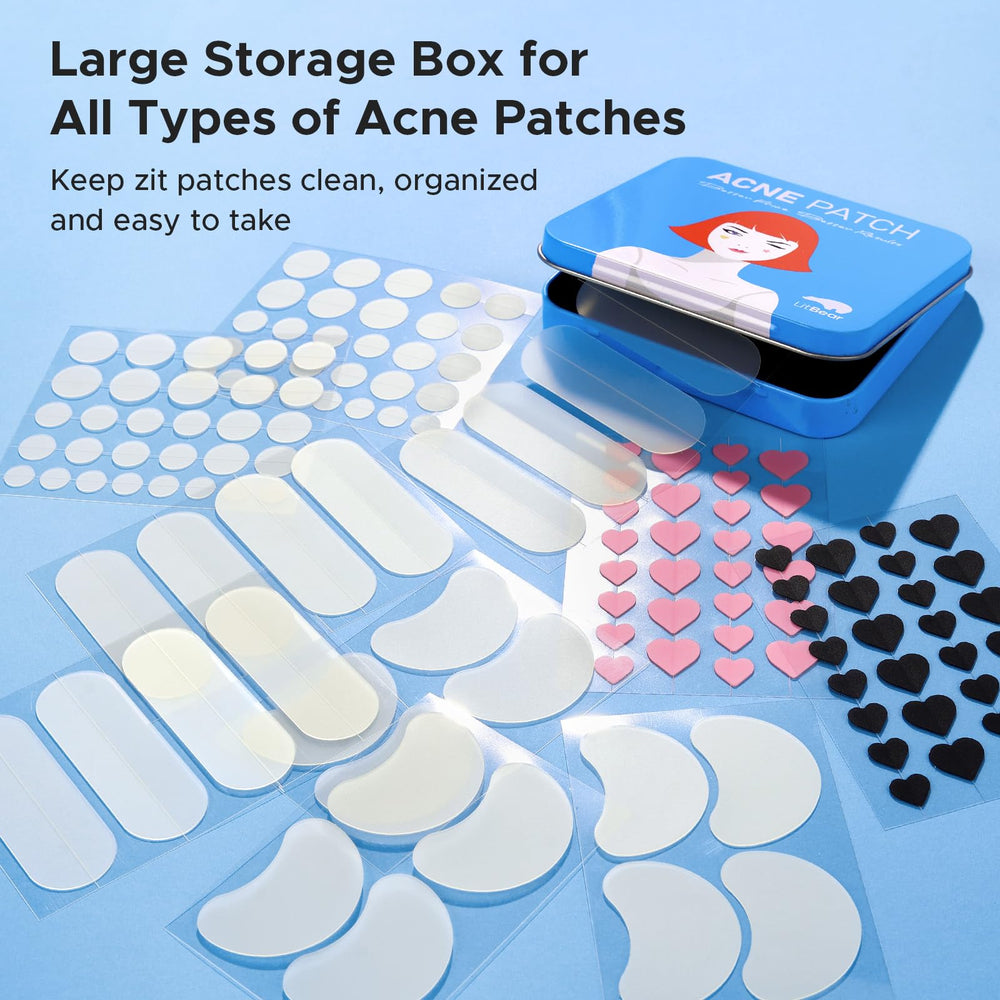 LitBear acne patch shows 4 shapes and colors for varied spots.