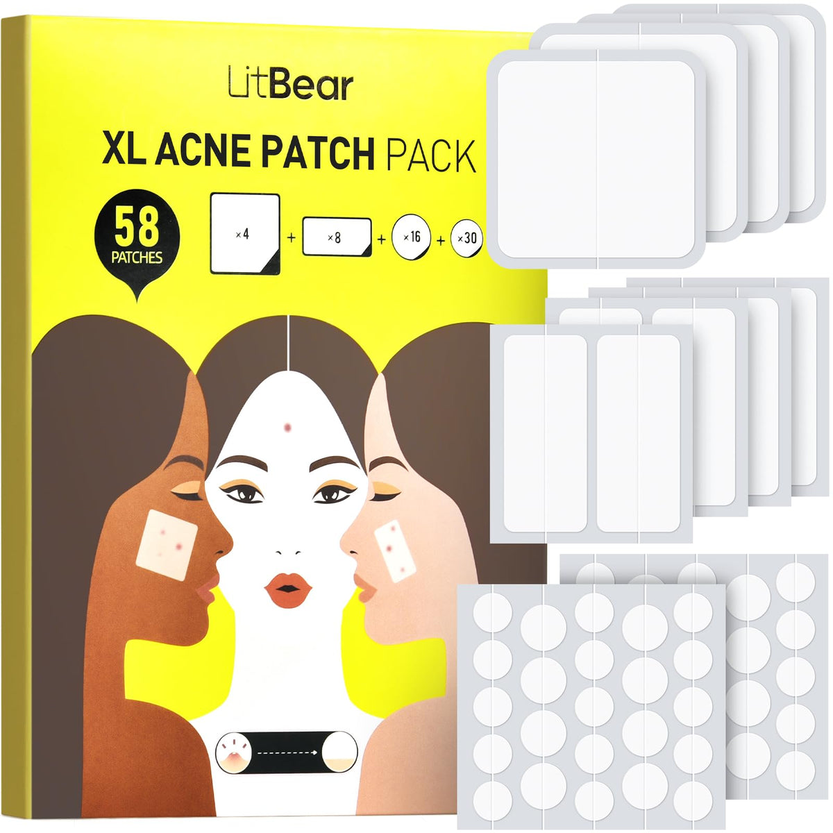 LitBear acne patch with large coverage protecting facial hotspots.