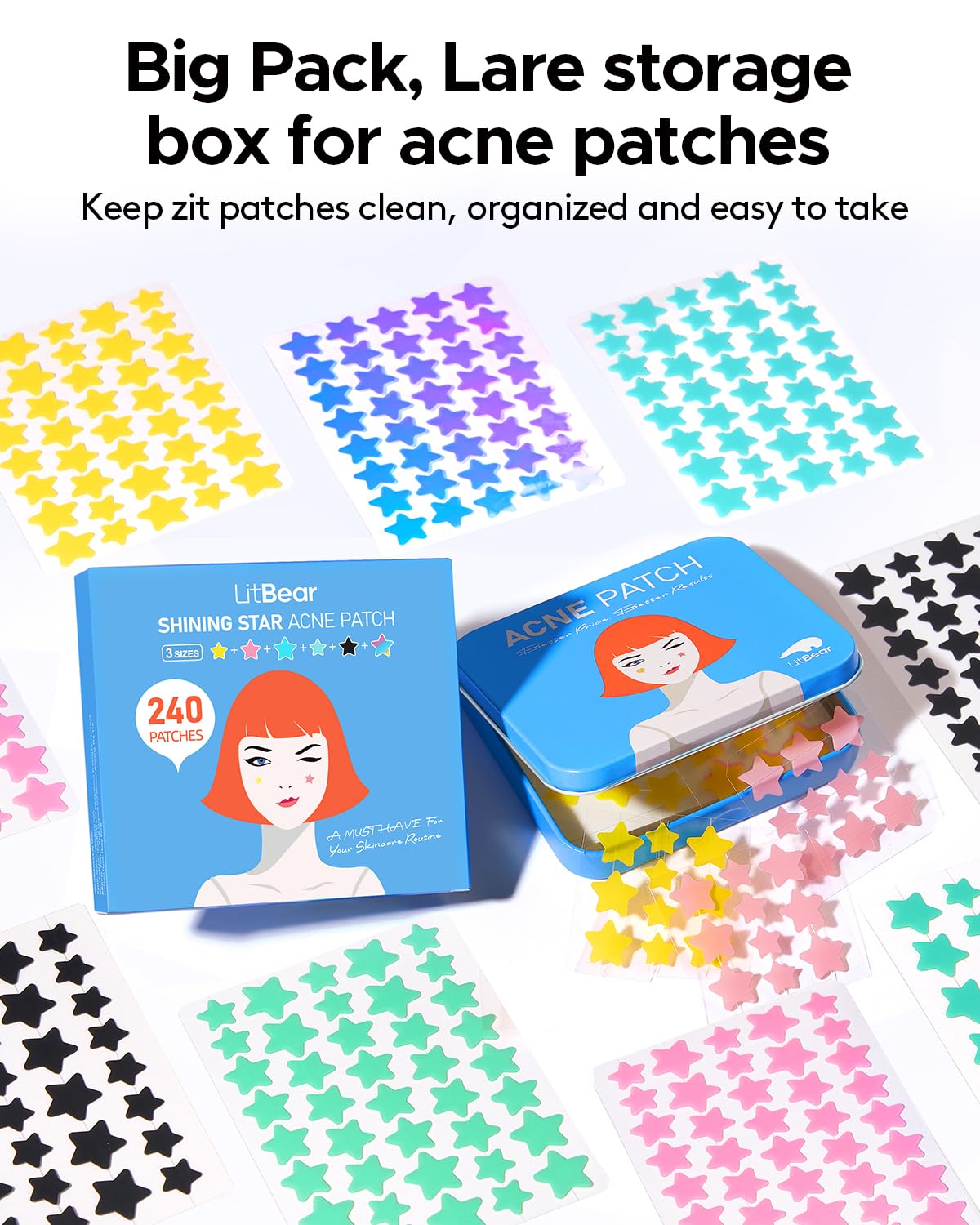 LitBear packaging showing six color star patches ready for use.