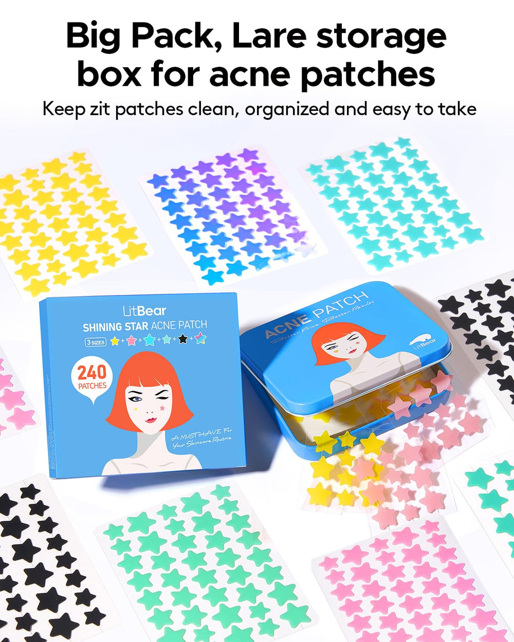 LitBear packaging showing six color star patches ready for use.