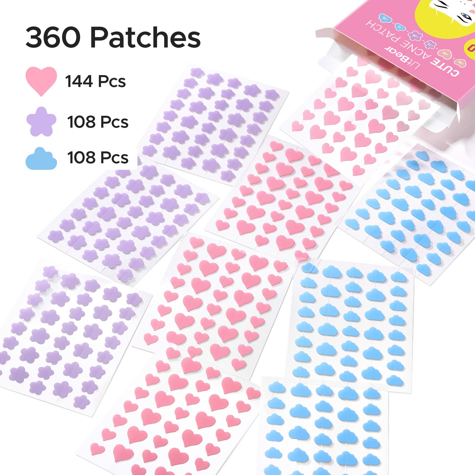 LitBear packaging image highlighting 360-dot supply and patch variety