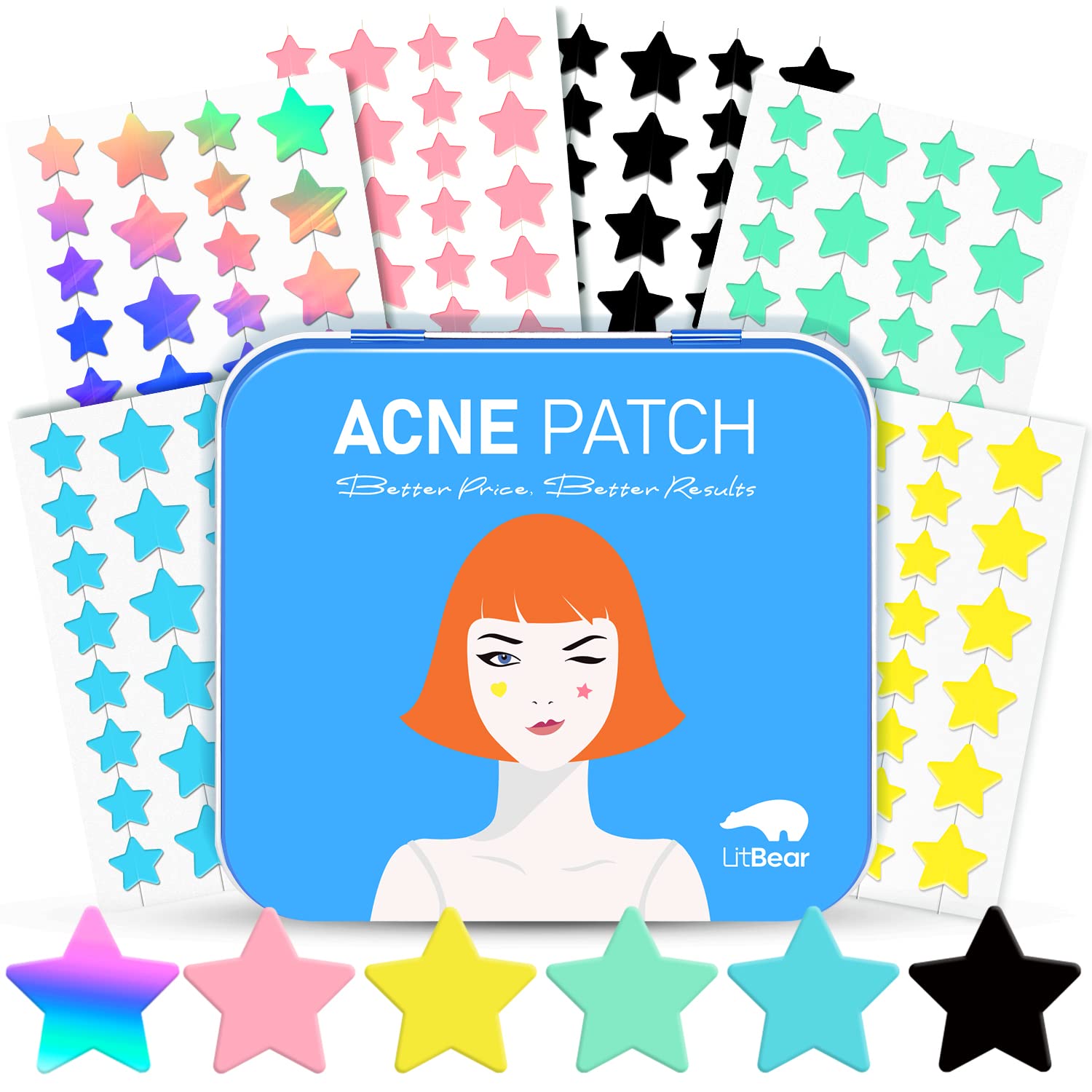 LitBear acne patch stars close-up shows 8mm coverage for small blemishes.