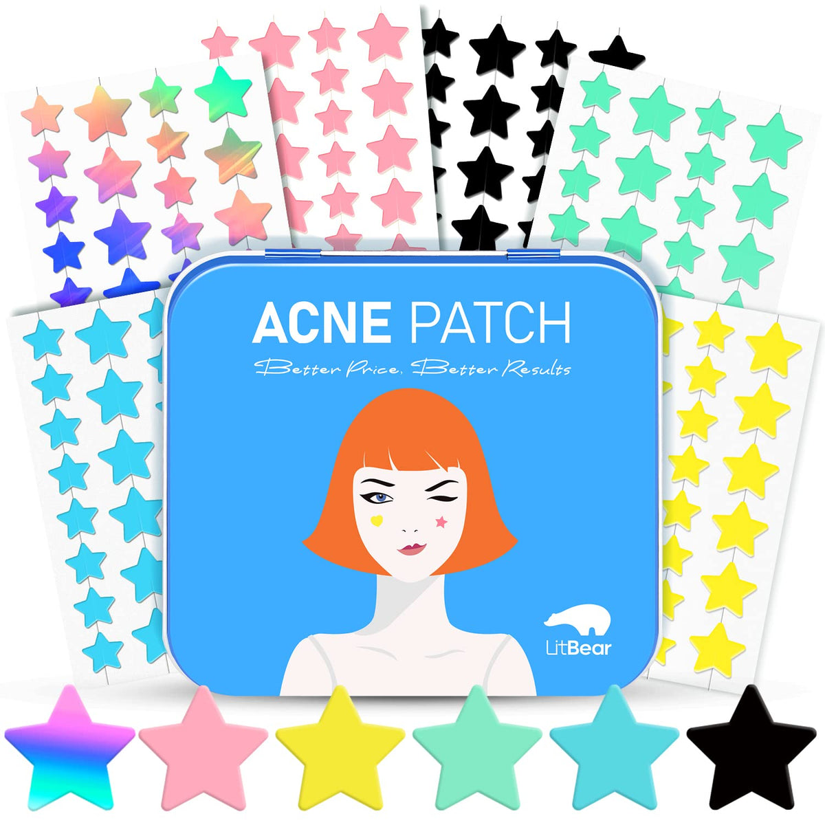 LitBear acne patch stars close-up shows 8mm coverage for small blemishes.