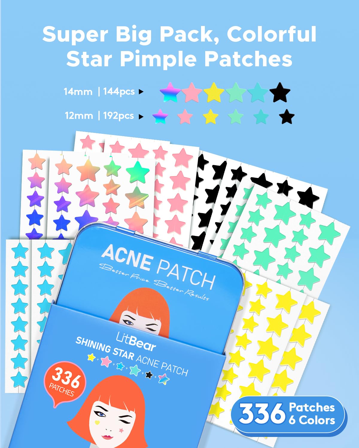 LitBear pimple patch set with 10mm and 14mm sizes for flexible coverage