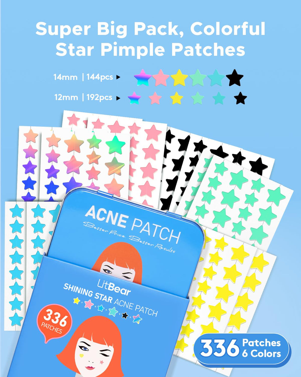 LitBear pimple patch set with 10mm and 14mm sizes for flexible coverage