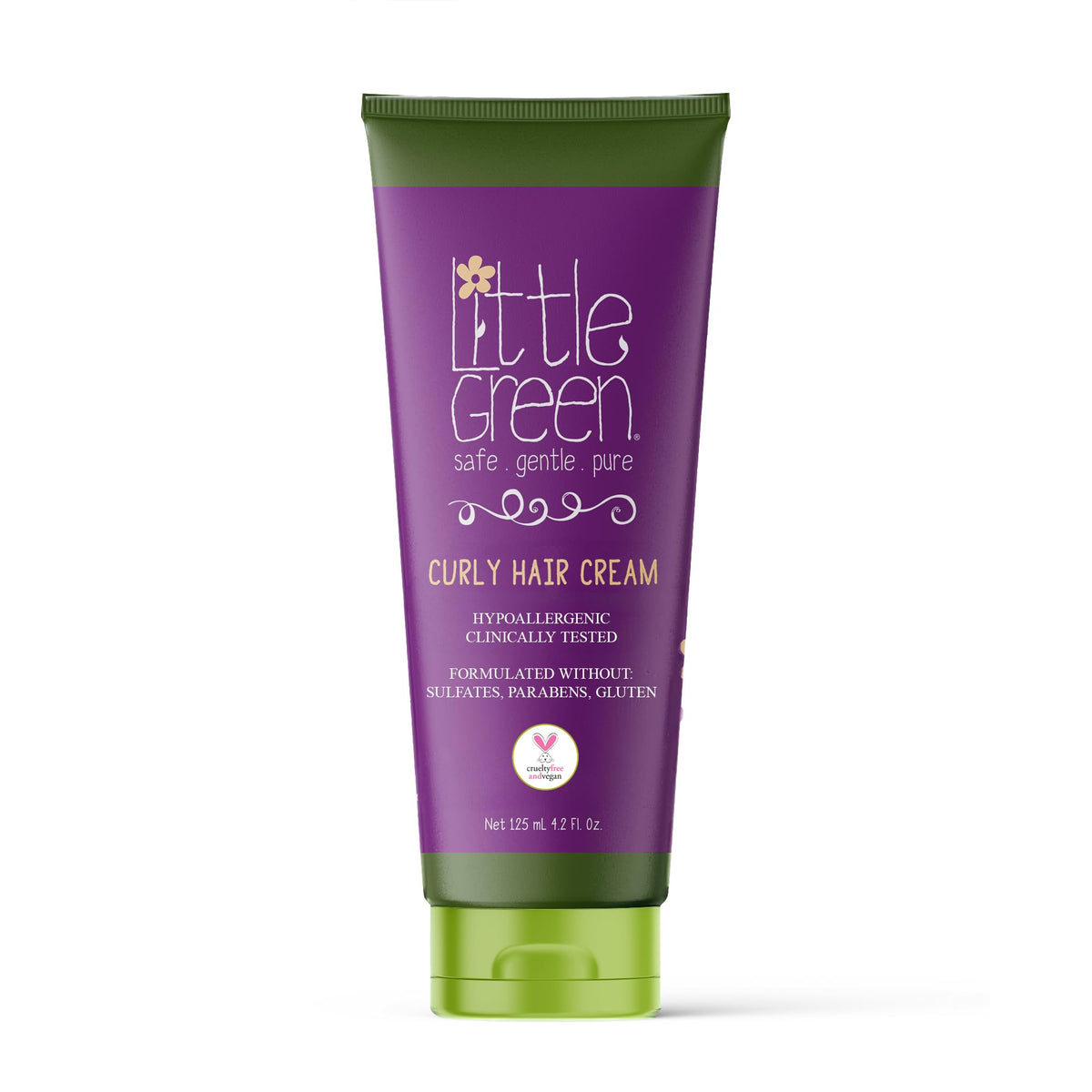 Little Green Kids Curly Hair Cream bottle showing frizz control and hydration.