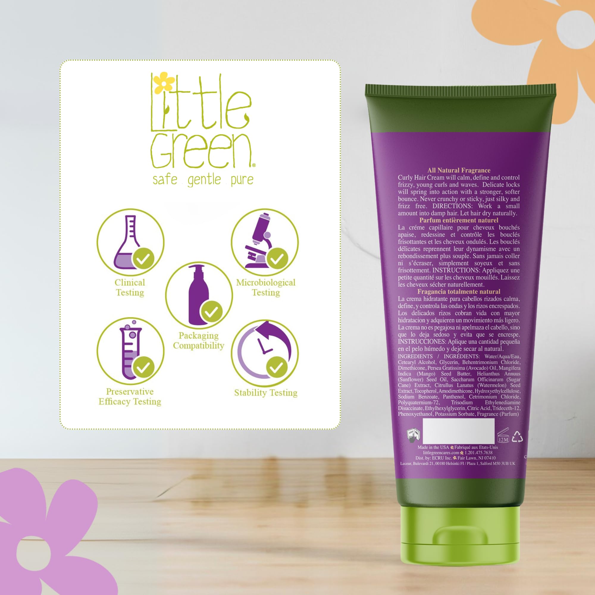 Kalahari melon seed oil hydrates hair in Little Green Cream.