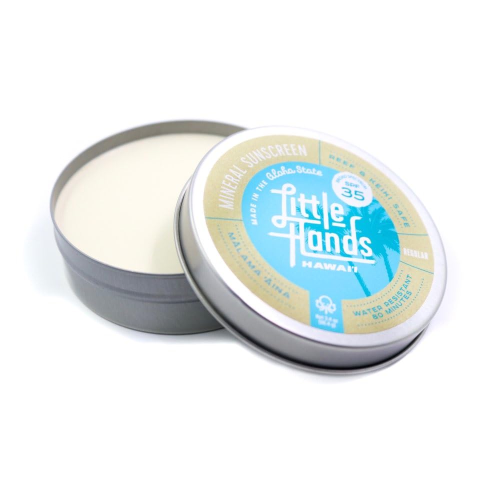 Little Hands Hawaii reef-safe sunscreen tin provides gentle SPF protection for all ages.