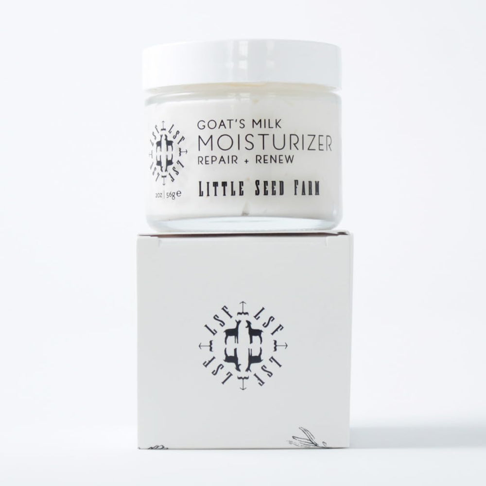Little Seed Farm goats milk face moisturizer sustainability icons indicate cruelty-free formula.