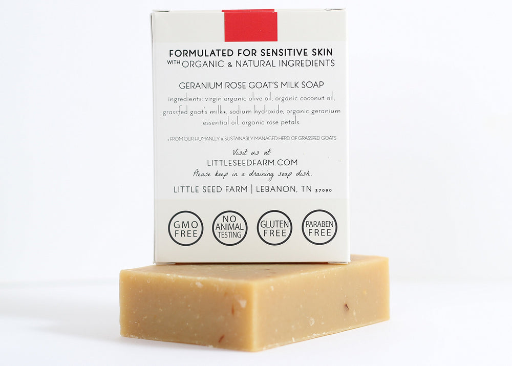 Little Seed Farm handmade natural soap with rose petals for gentle exfoliation.