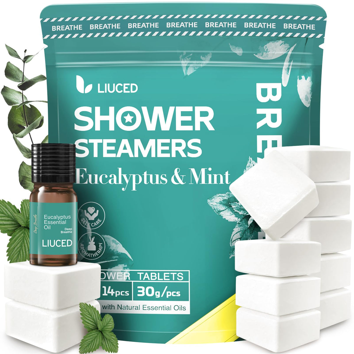 LIUCED shower steamers eucalyptus mint 14-pack for refreshed mornings and clearer breathing