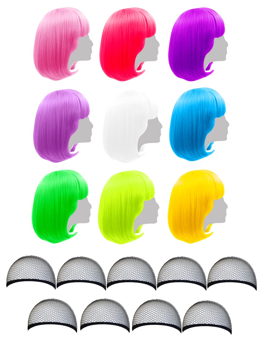LIULIUBTY 9-piece short bob wig in 12in neon colors, ideal for bold party outfits.