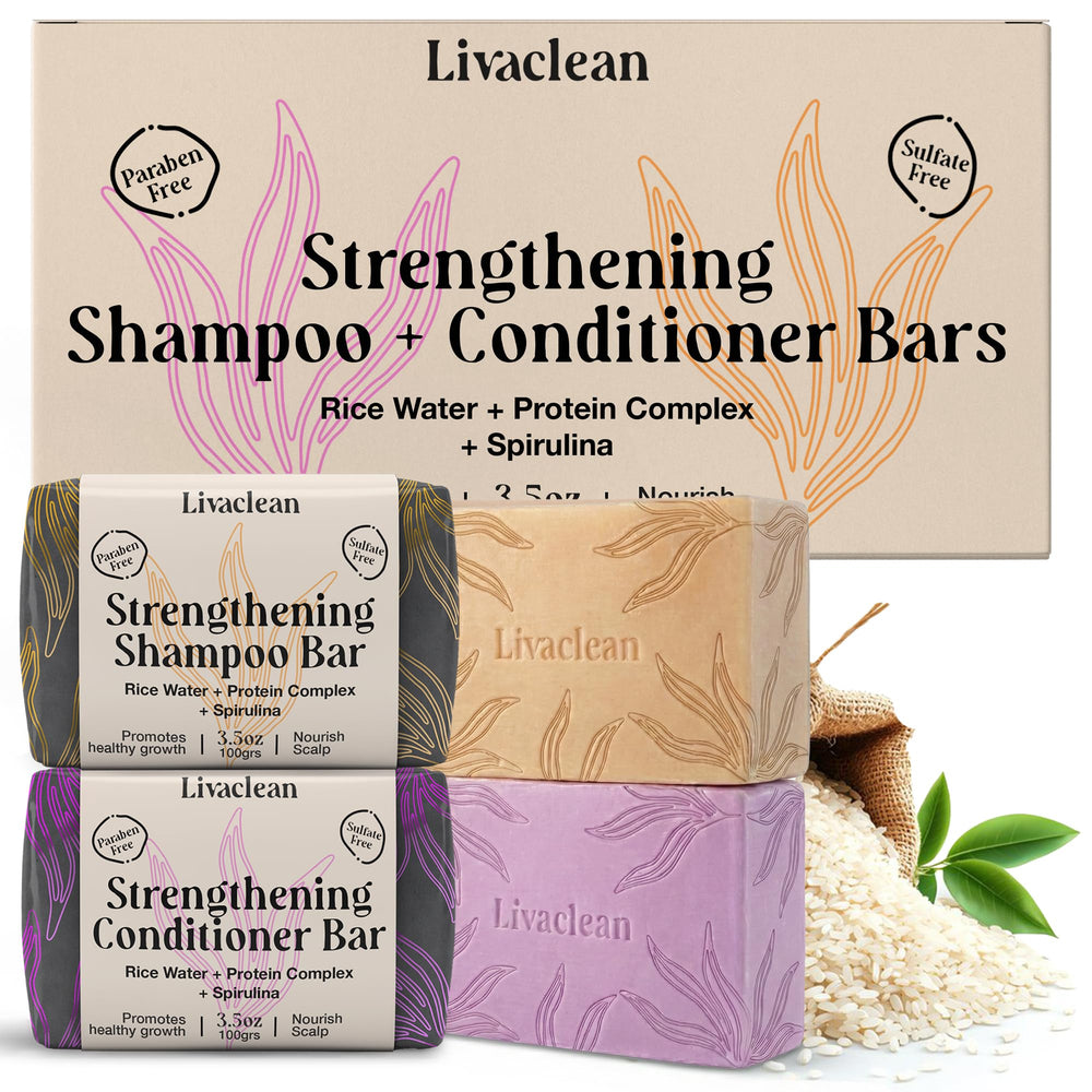 LivaClean 2-pack rice water shampoo bars in eco-friendly packaging for on-the-go use