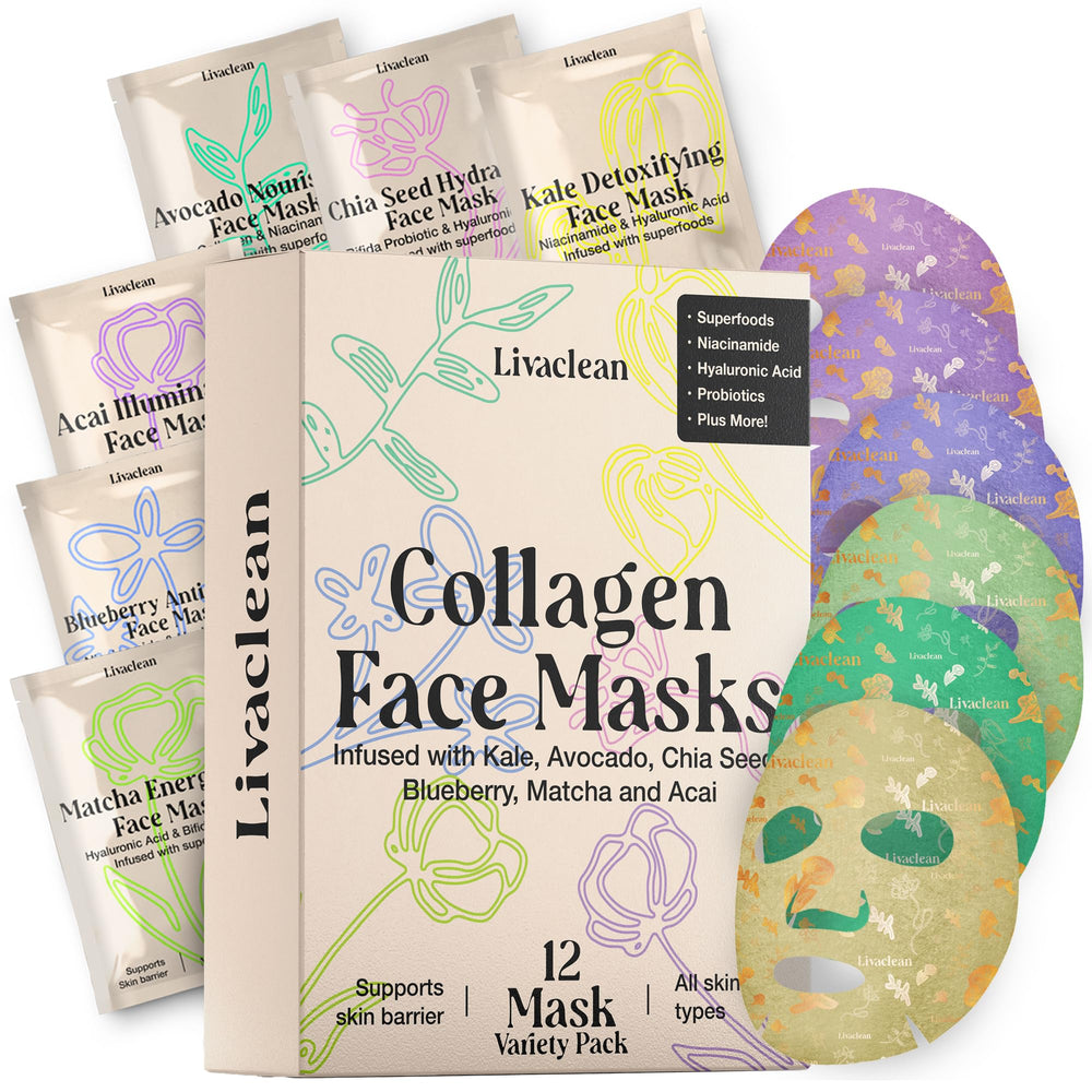 LivaClean collagen sheet mask packaging highlights premium hydration for your skincare routine.