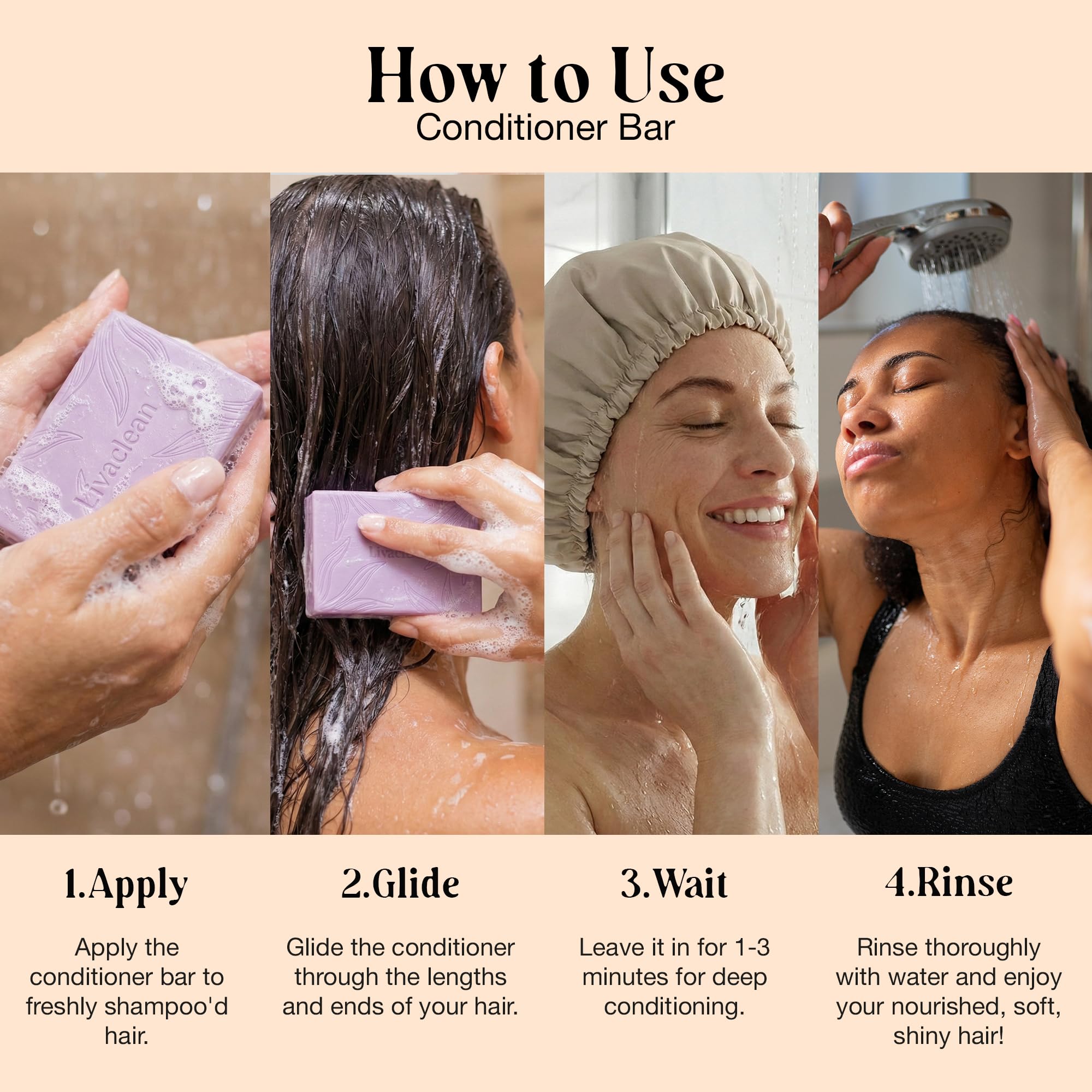 Closeup of LivaClean hyaluronic acid conditioner bar for moisture without heaviness