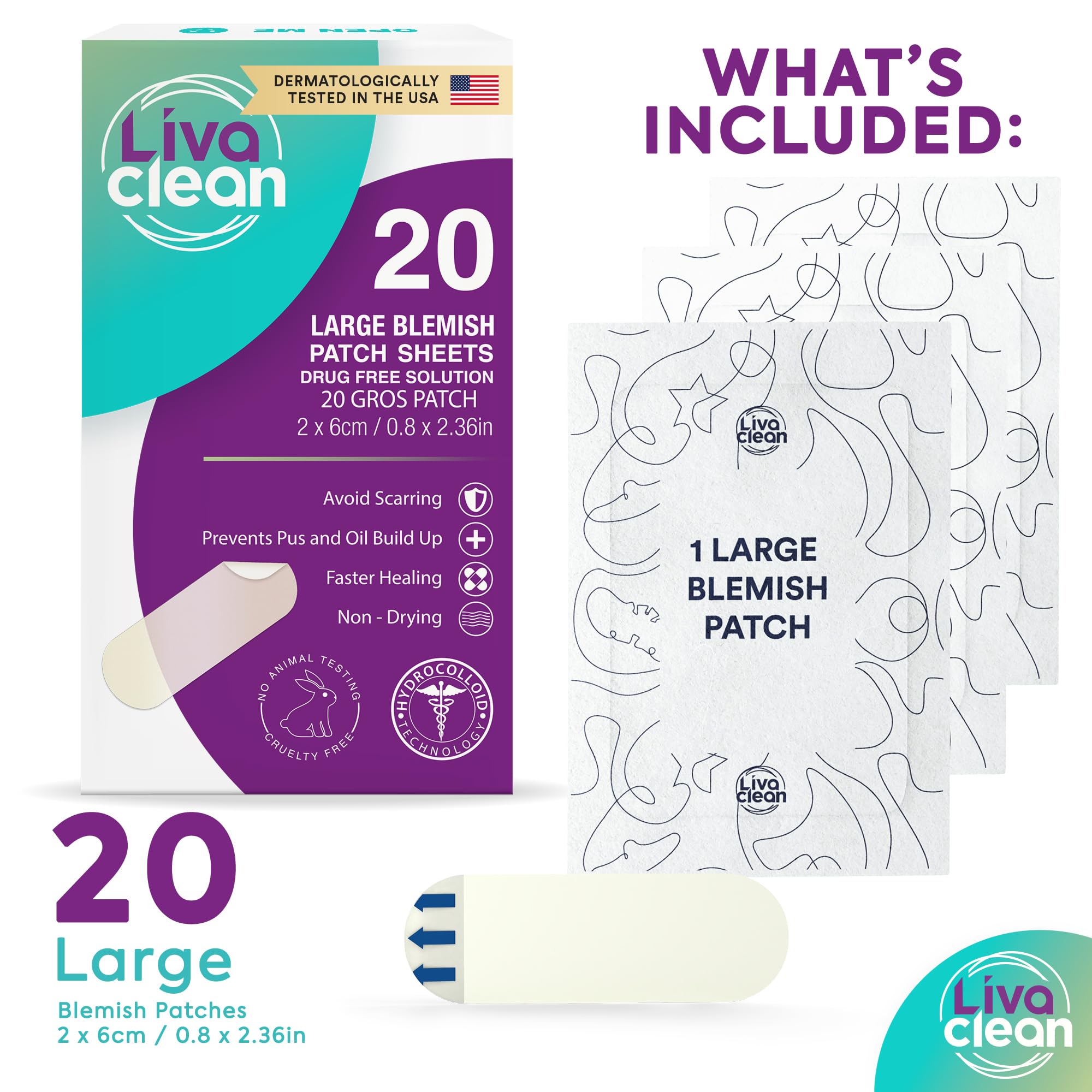 LivaClean large blemish patch for the face covers wide spots with discreet hydrocolloid protection.
