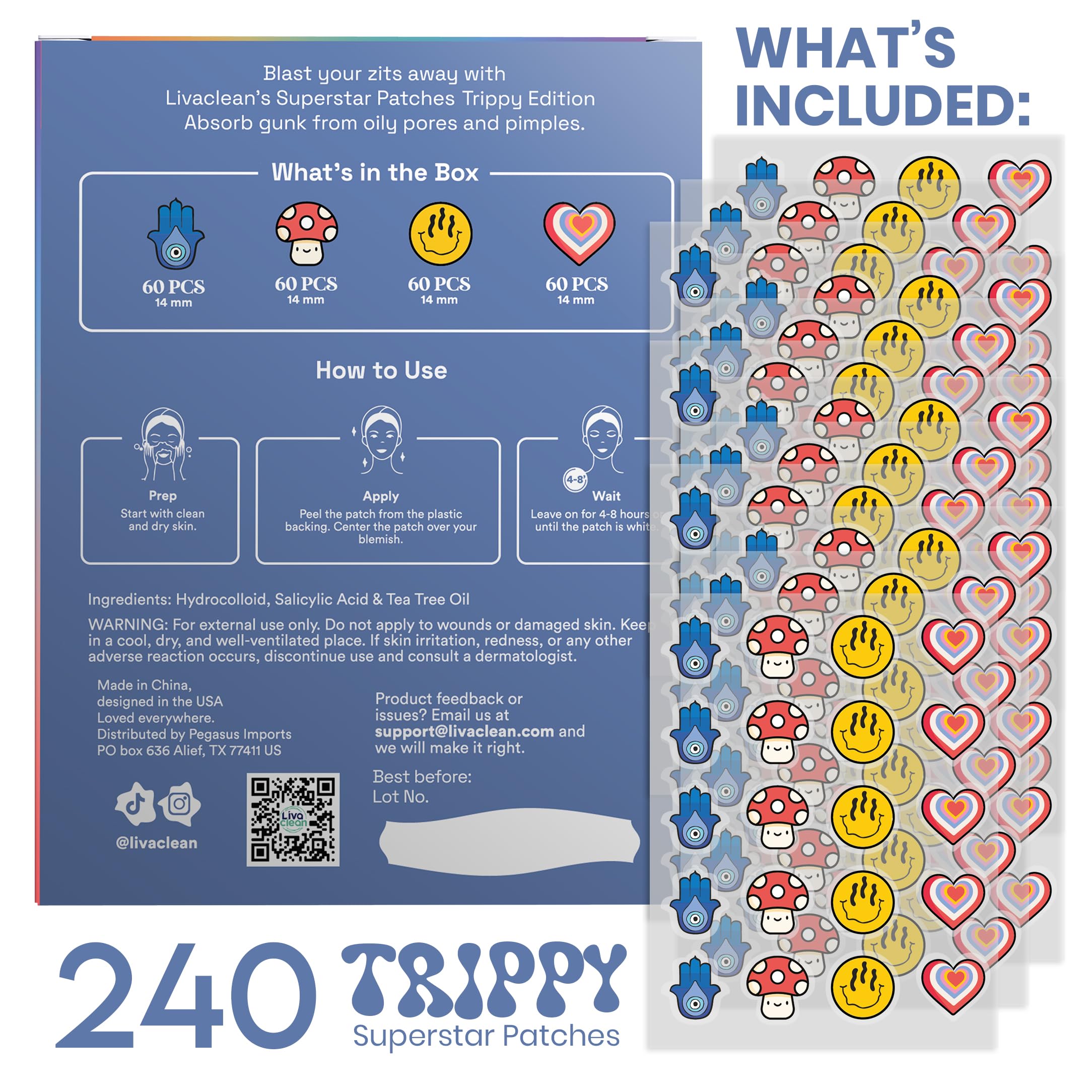 LivaClean 240-count patches close-up with varied shapes for targeted blemish coverage.