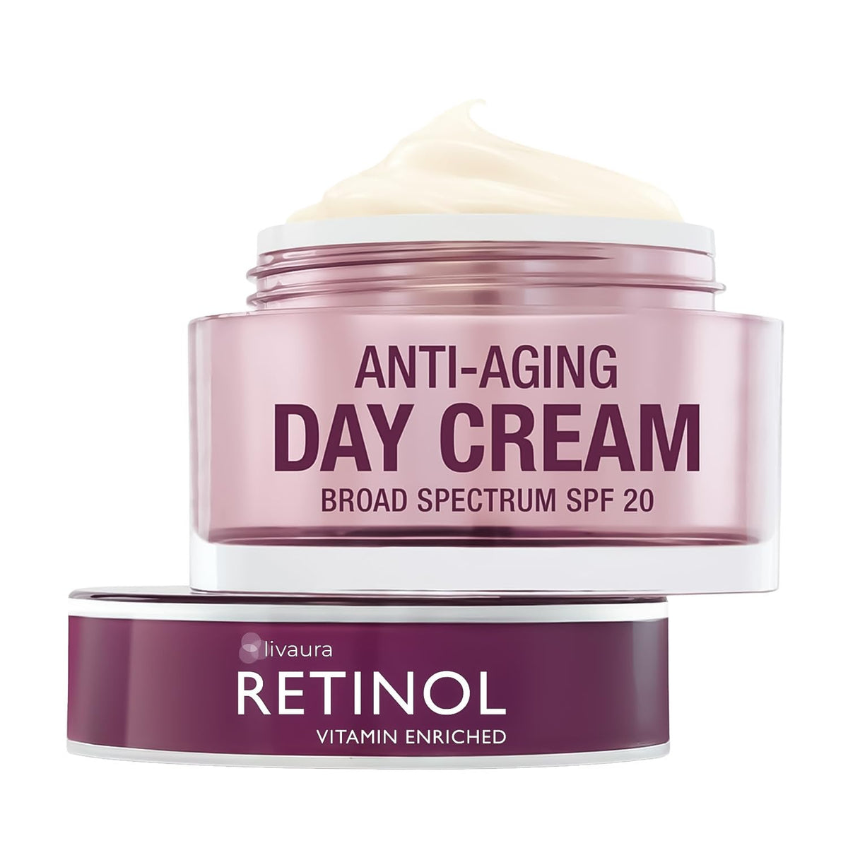LIVAURA Retinol Day Cream bottle highlighting rich hydration with SPF 20 daily protection