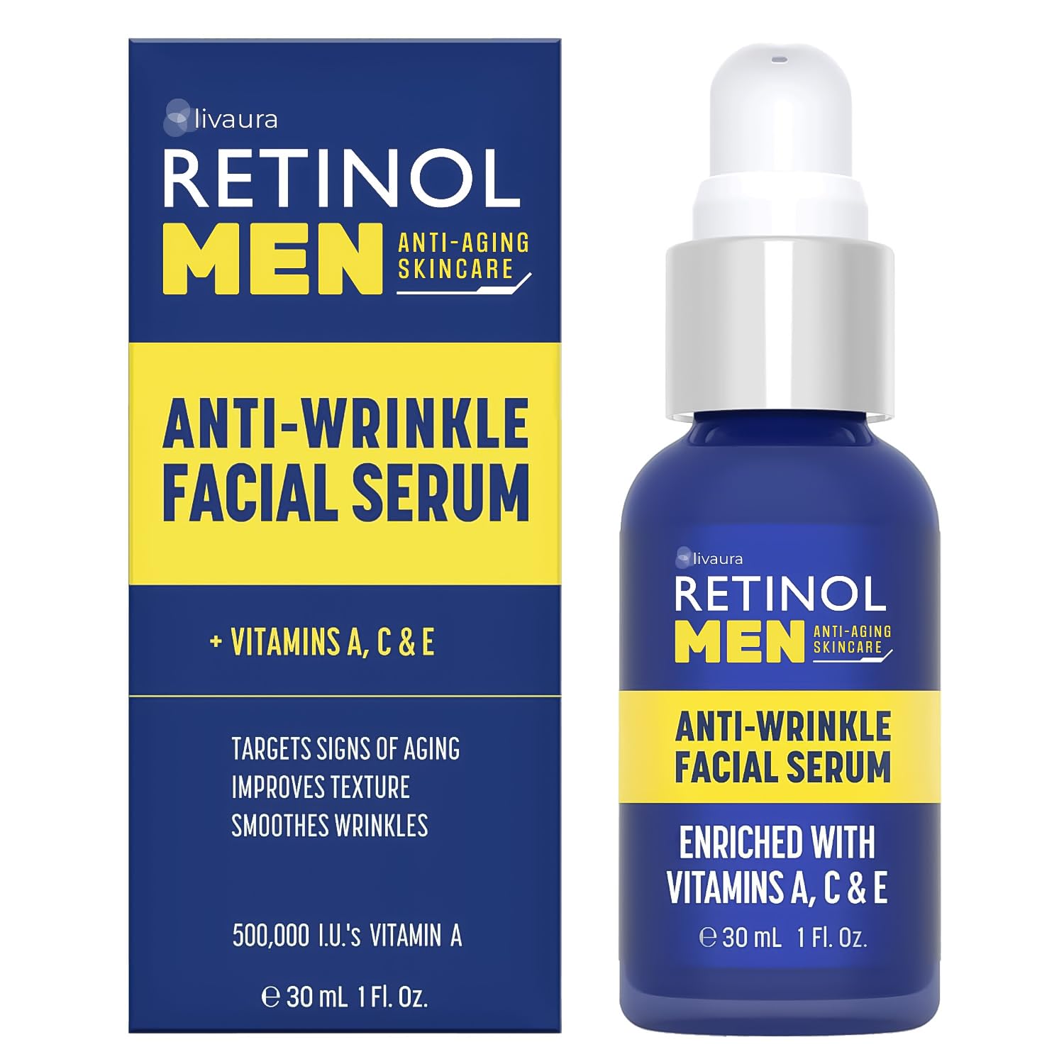 LIVAURA Retinol serum bottle for men supports easy daily anti-aging care.