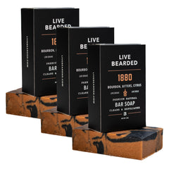Live Bearded 1880 bar soap close-up showing charcoal-pumice lather