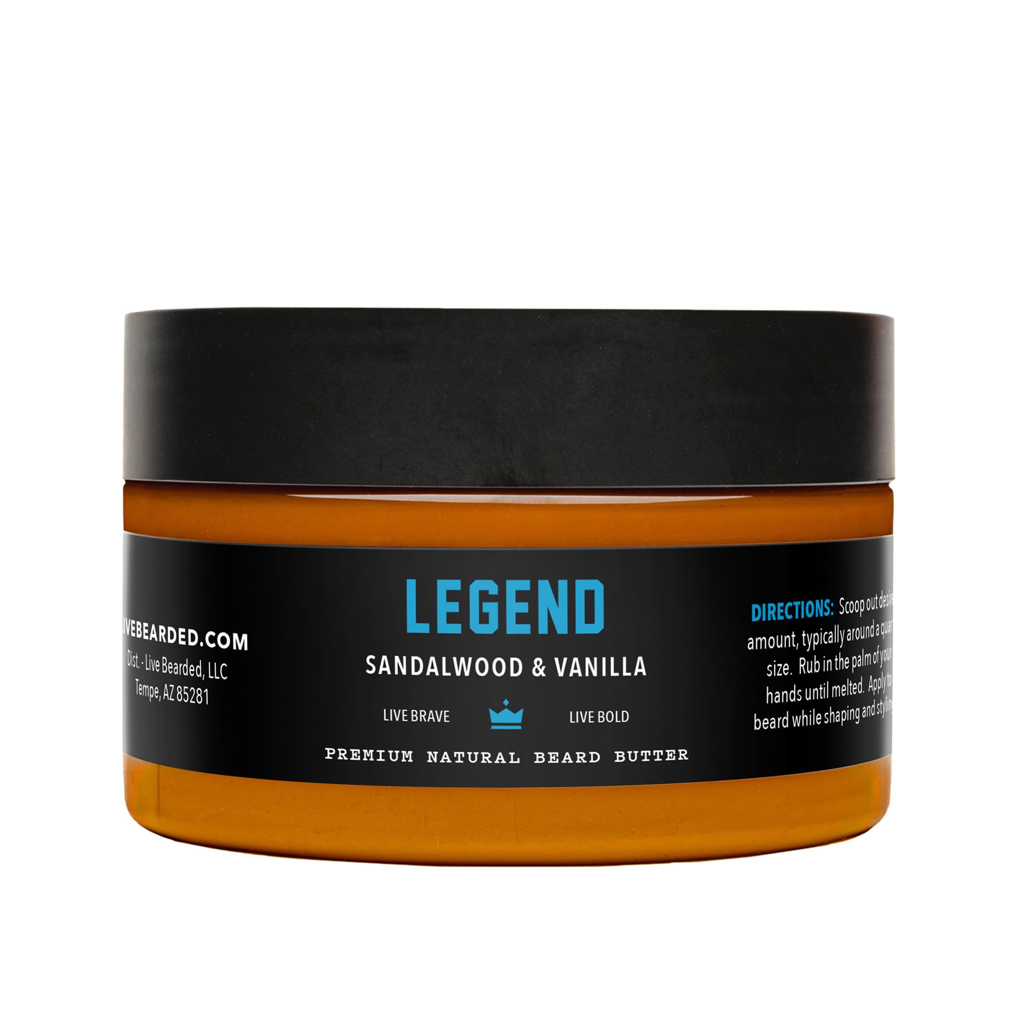 Live Bearded beard butter jar showing a natural formula for soft, manageable beard.