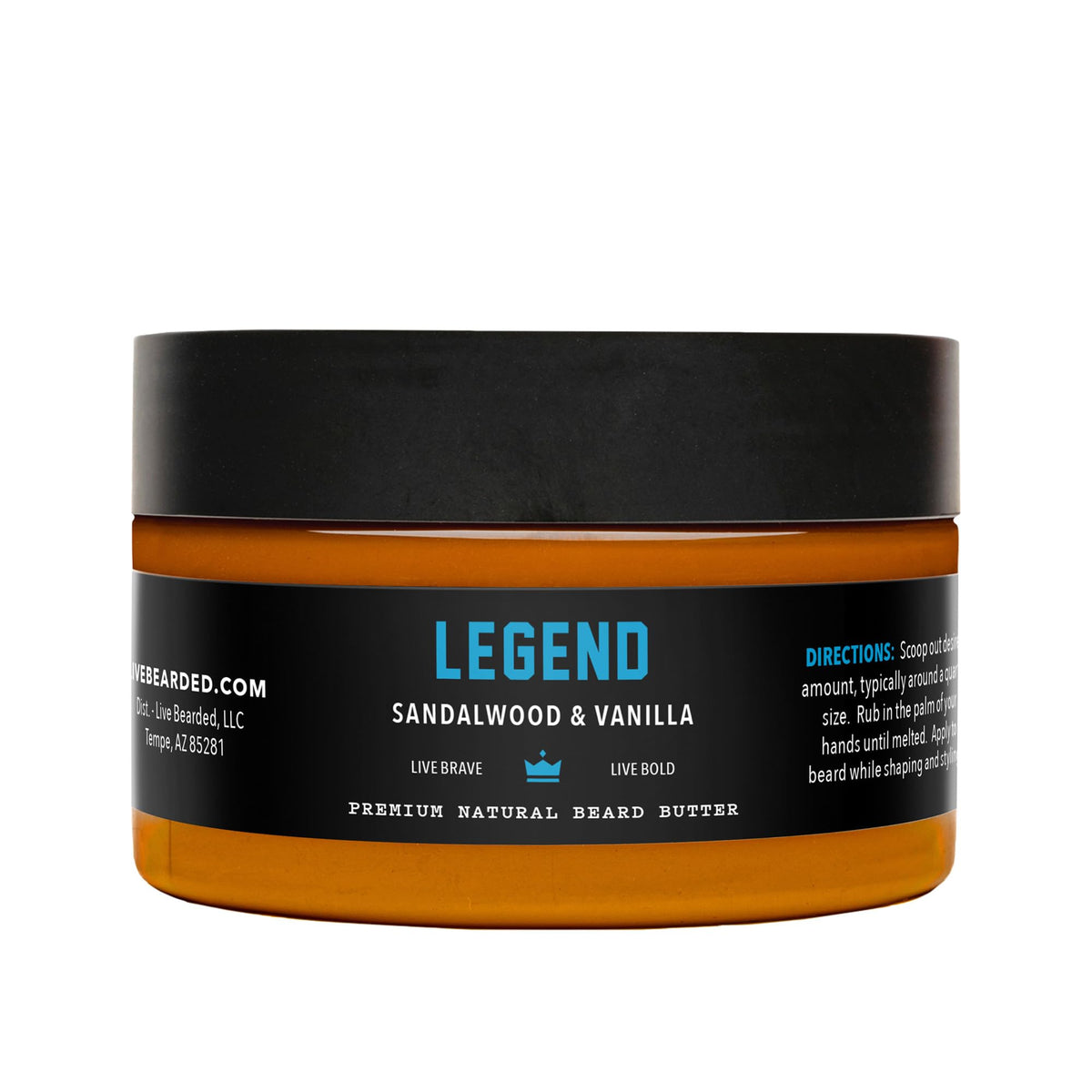 Live Bearded beard butter jar showing a natural formula for soft, manageable beard.