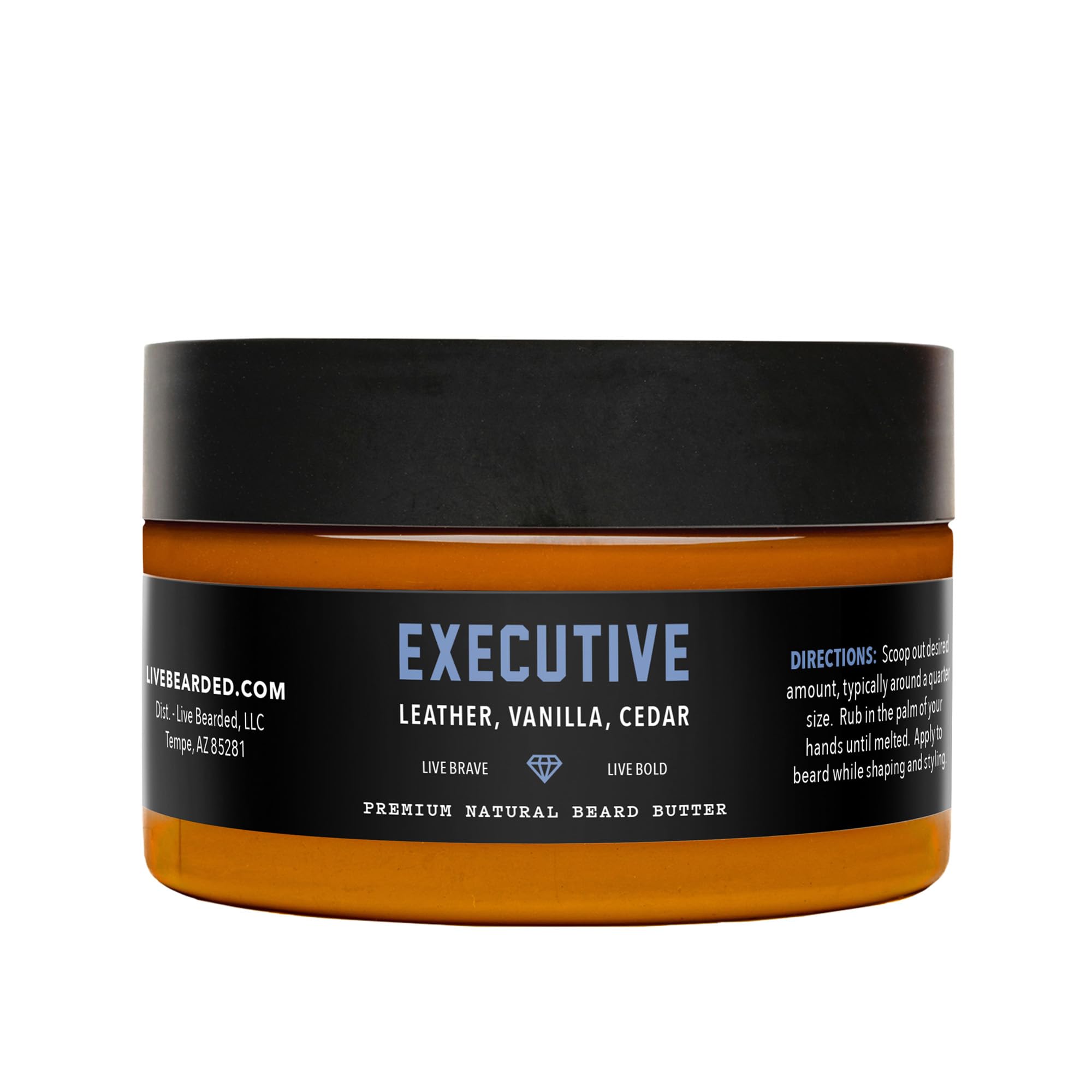 Live Bearded beard butter 3oz tub front highlights natural ingredients for nourished skin and beard