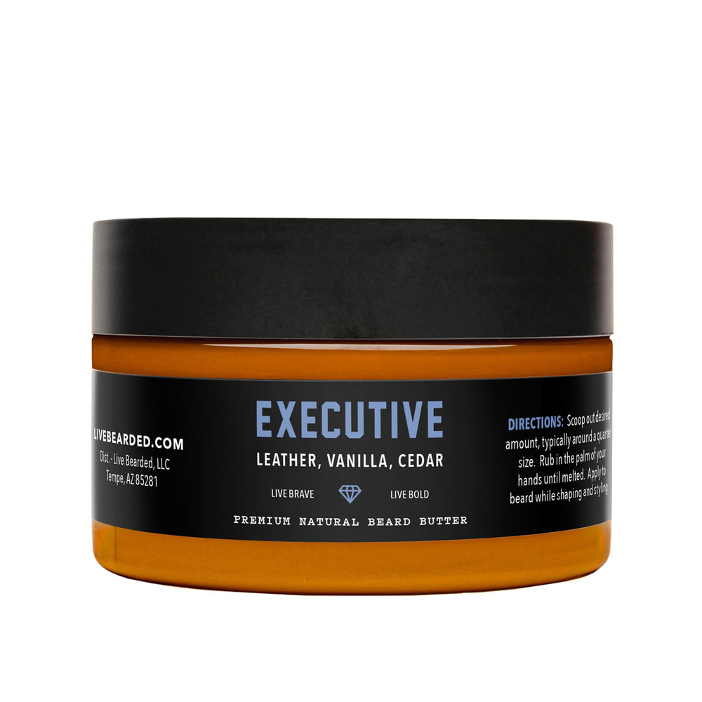 Live Bearded beard butter 3oz tub front highlights natural ingredients for nourished skin and beard