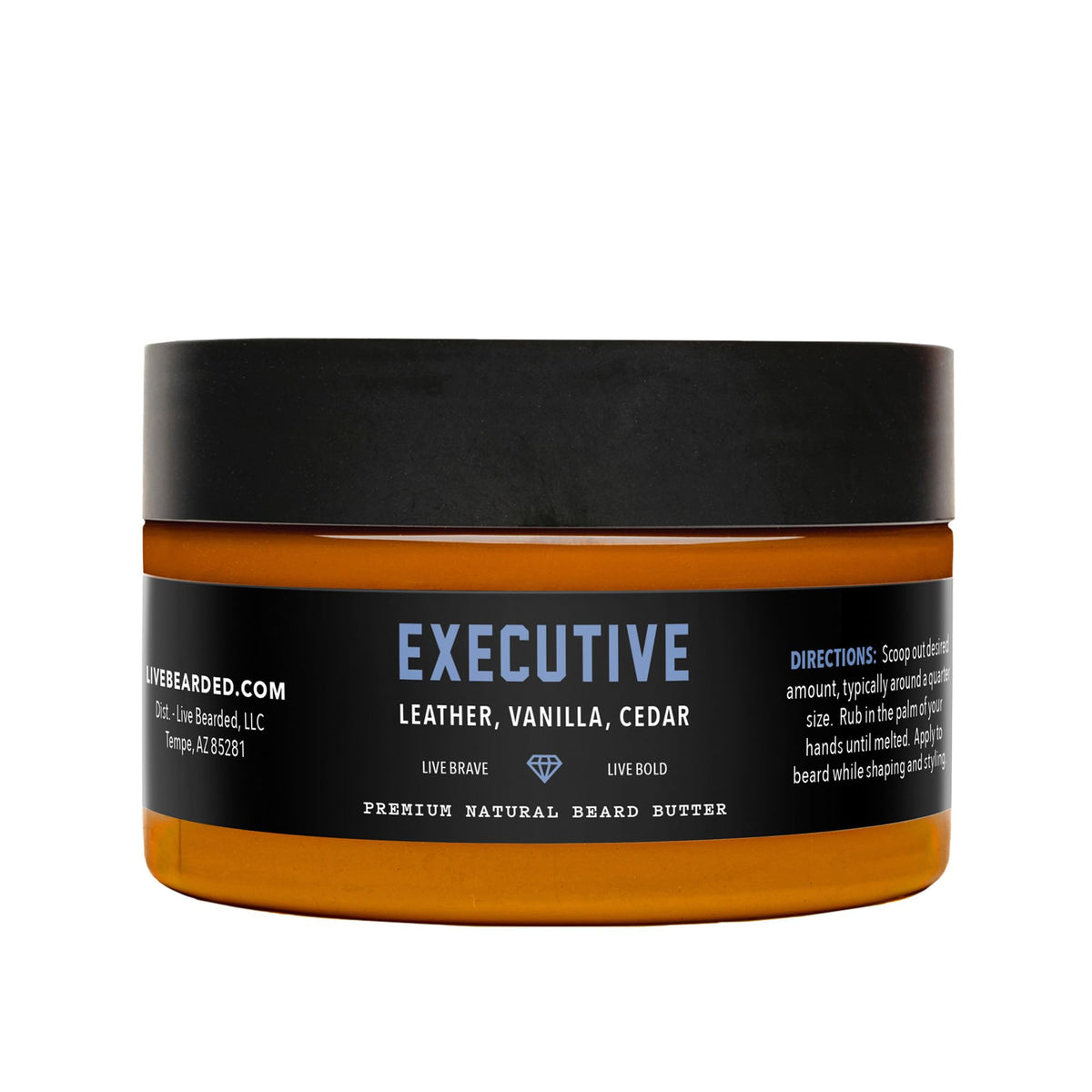 Live Bearded beard butter 3oz tub front highlights natural ingredients for nourished skin and beard