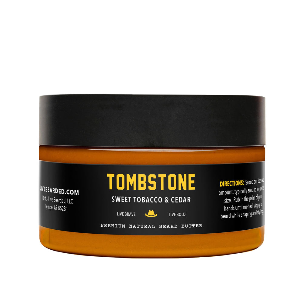 Live Bearded Tombstone-scent beard butter in a 3 oz jar nourishes beard and skin.