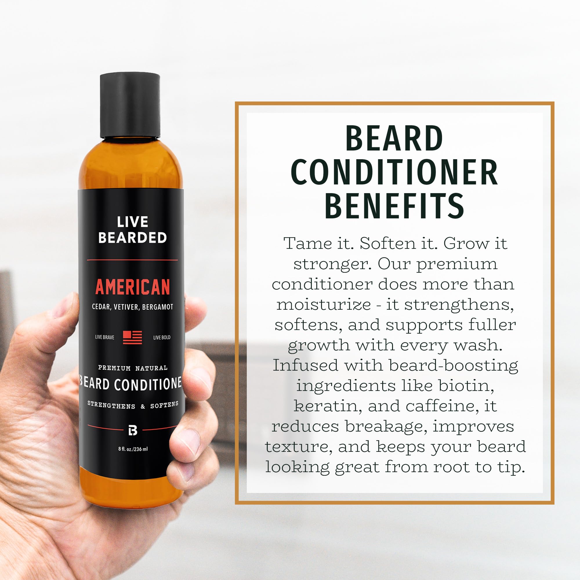 Live Bearded conditioner biotin and caffeine ingredients close-up.