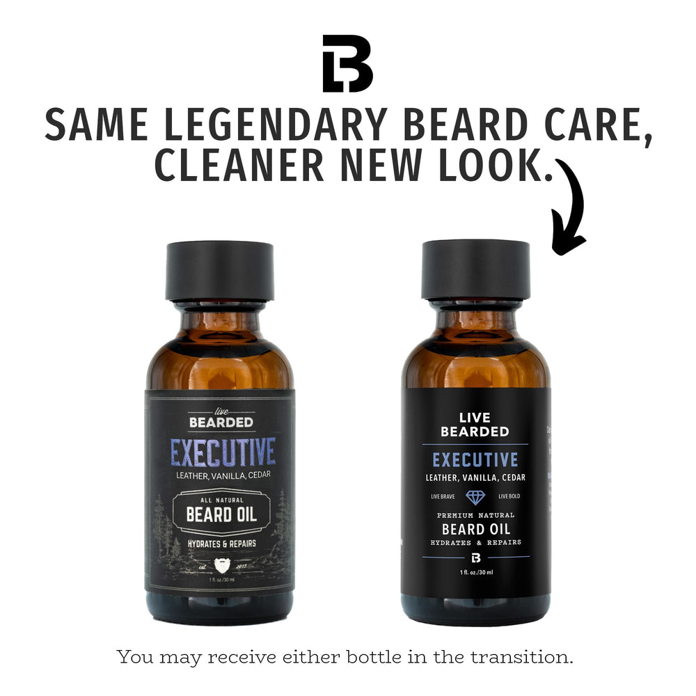Live Bearded beard oil label closeup shows Executive Scent cedar vanilla.